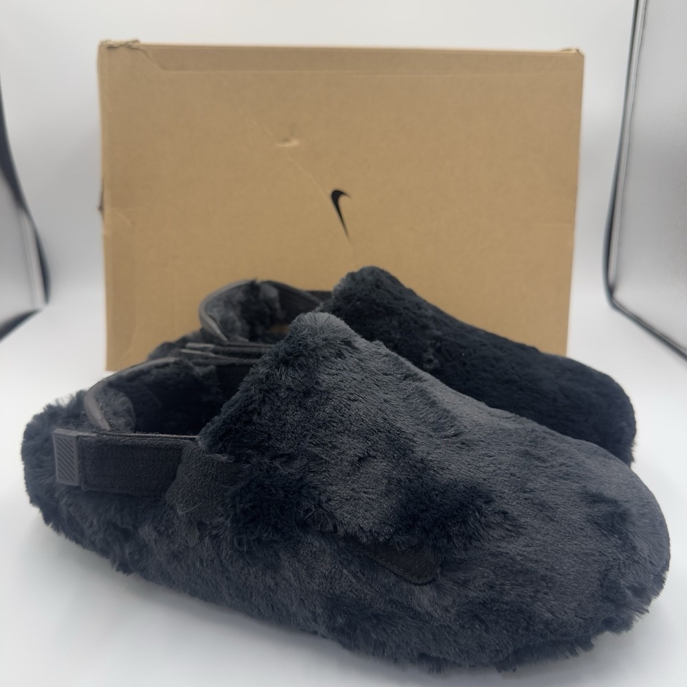 Nike Women's Size 9 Calm Mules SE NA‎ Black Faux Fur Slides FZ3119 001 New